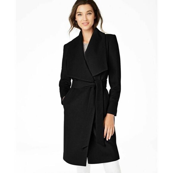 Cole Haan Wool Blend Belted Wrap Coat Black Size 12 NWT - Picture 1 of 11
